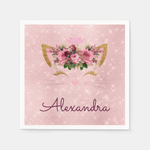Princess Blush Pink Sparkle Kitty Monogram Napkin