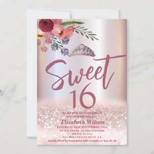 Princess Boho floral Girly  Rose gold glittery  Invitation