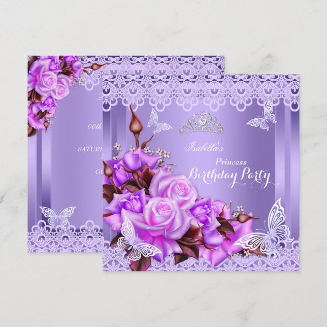 Princess Butterfly Purple Pink Rose Birthday Party Invitation (Front/Back)