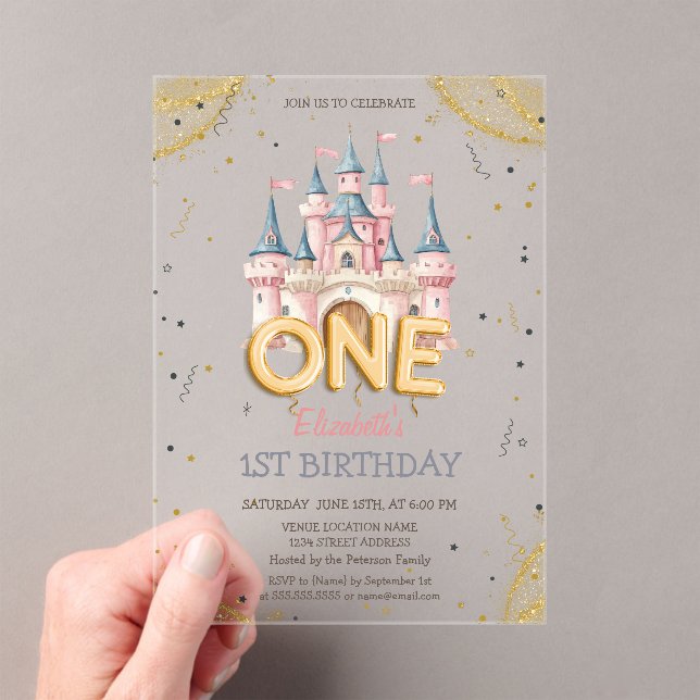 Princess Castle Confetti Watercolor 1st Birthday Acrylic Invitations (Insitu (Handheld))