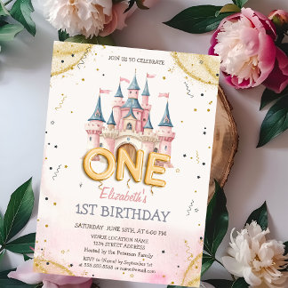 Princess Castle Confetti Watercolor 1st Birthday Invitation