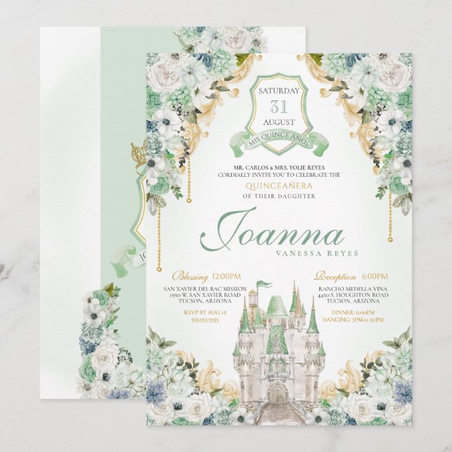 Princess Castle Royal Mint Green Quinceanera Invitation (Front/Back)