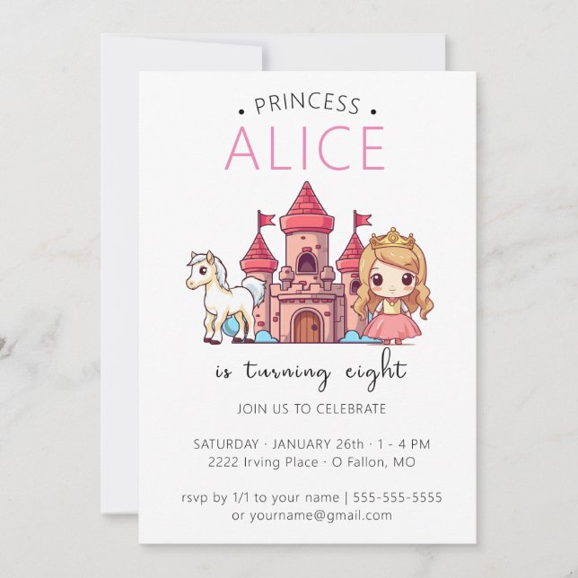 Princess Castle White Horse Birthday Invitation (Front)