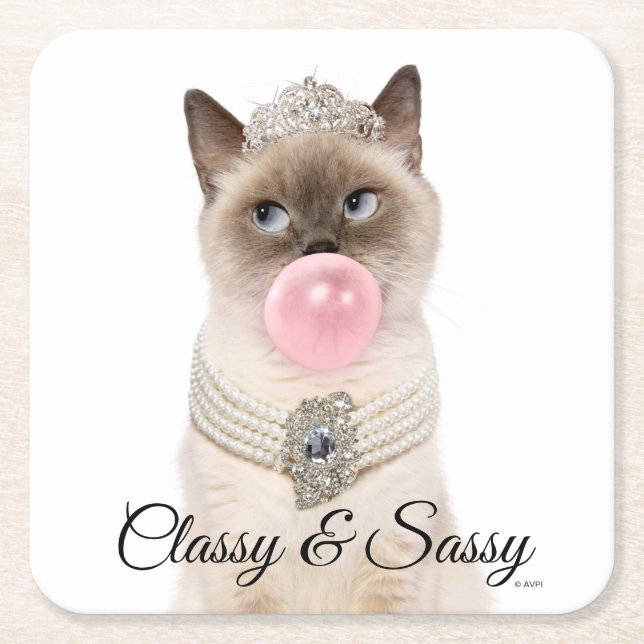 Princess Cat Blowing Bubble Gum Square Paper Coaster (Front)