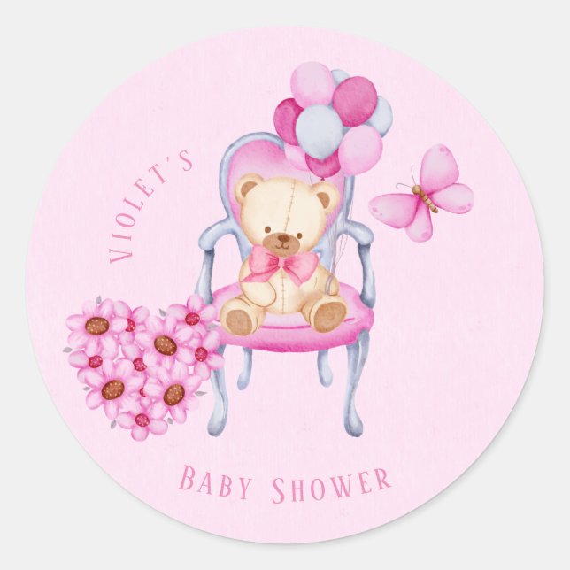 Princess Chair Teddy Bear Balloon Girl Baby Shower Classic Round Sticker (Front)