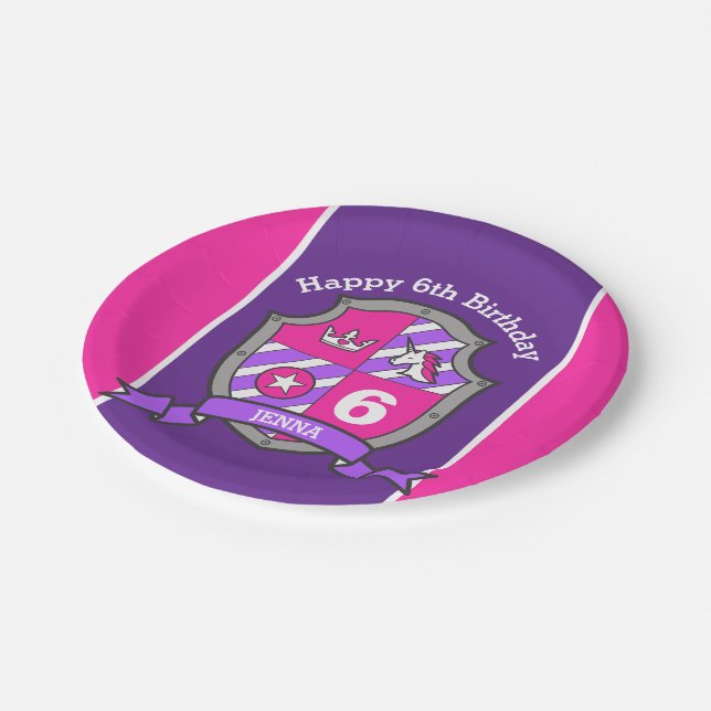 Princess crest 6th birthday pink party plate (Angled)
