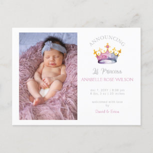 Princess Crown Girl Pink Photo Birth Announcement Postcard
