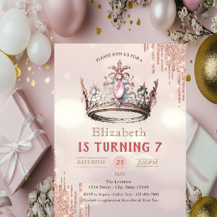 Princess Crown Glitter Drips Bokeh Birthday Invitation