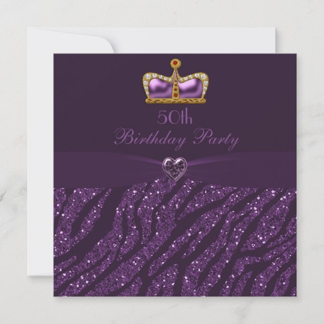 Princess Crown Heart & Zebra Glitter 50th Birthday Invitation (Front)