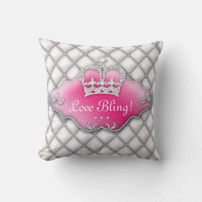 Princess Crown Pillow Tufted Satin Diamonds BW (Front)