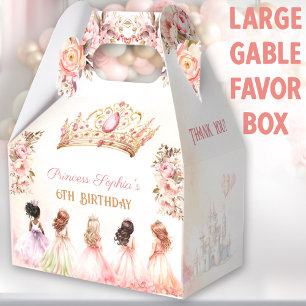 Princess Crown Pink Gold Floral Birthday Large Favor Box