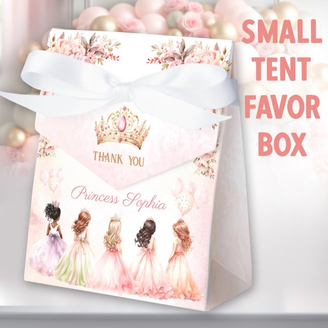 Princess Crown Pink Gold Floral Girl Birthday Tent Favor Box (Princess small tent favor boxes. You can choose from 2 sizes of these tent favor boxes.)