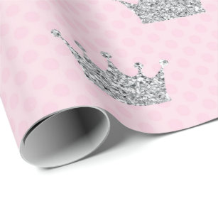 Princess Crown Pink Silver Dots Shiny Vip Wrapping Paper