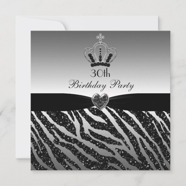 Princess Crown Zebra Glitter 30th Birthday Invitation (Front)