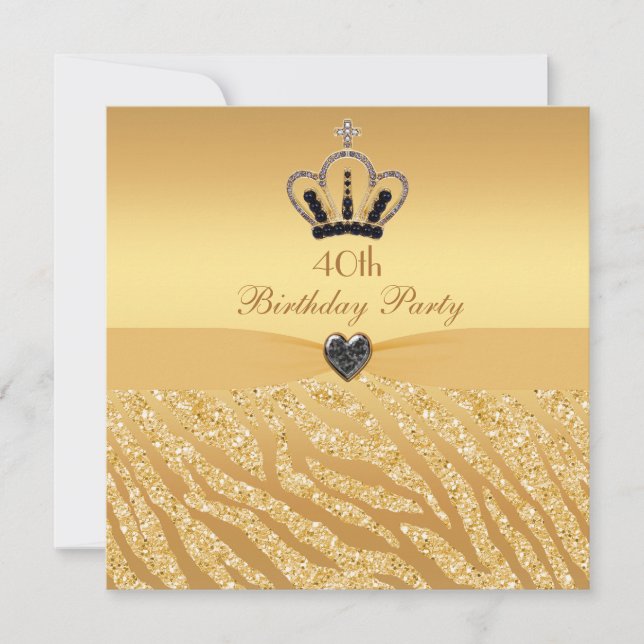 Princess Crown & Zebra Glitter Print 40th Birthday Invitation (Front)