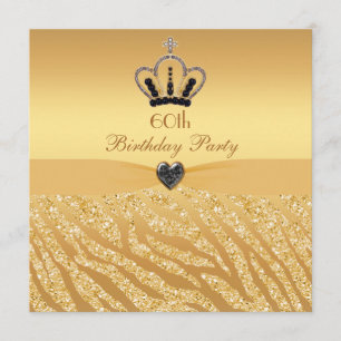 Princess Crown & Zebra Glitter Print 60th Birthday Invitation