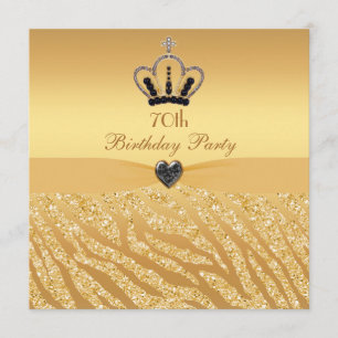 Princess Crown & Zebra Glitter Print 70th Birthday Invitation