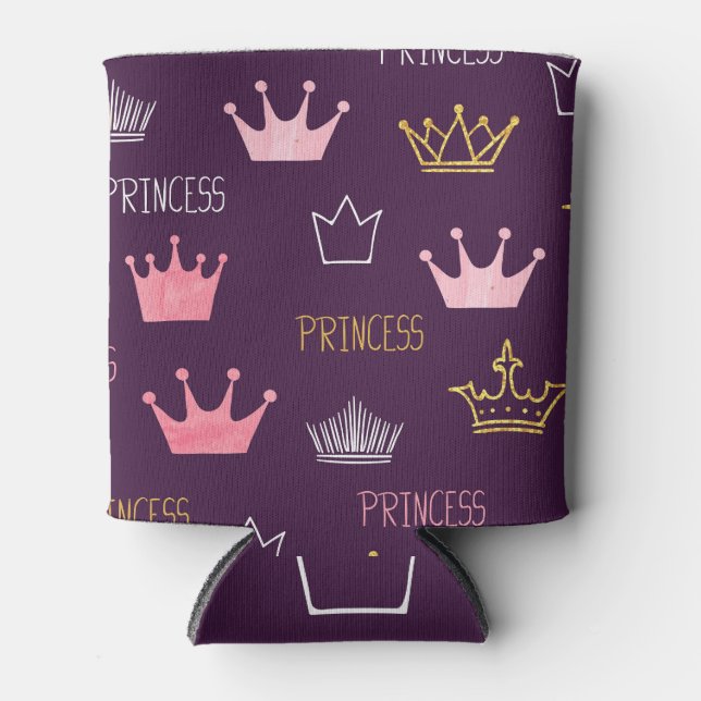 Princess crowns: watercolor glitter pattern. can cooler (Front)