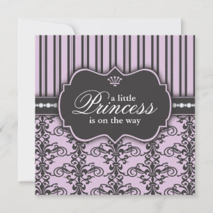 Princess Damask & Stripe Black Purple Baby Shower Invitation