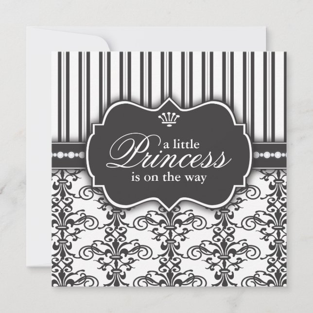 Princess Damask & Stripe Black & White Baby Shower Invitation (Front)