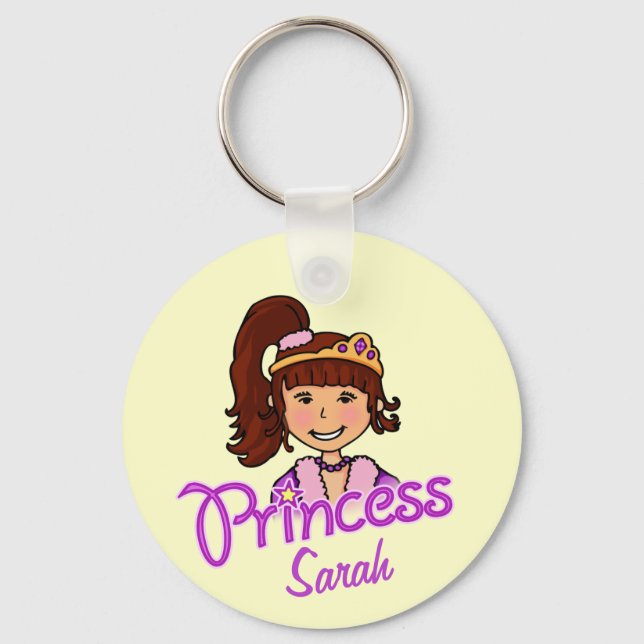 Princess dark hair girl yellow name keychain (Front)