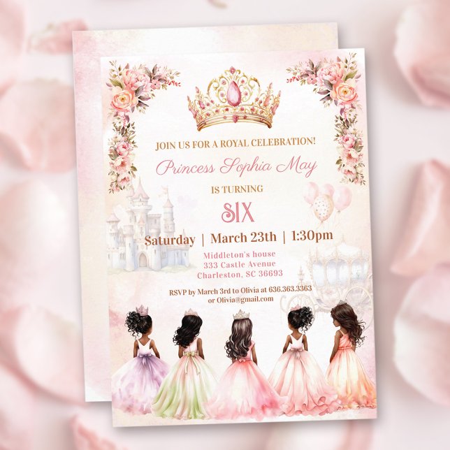 Princess Dark Skin Crown Pink Floral Birthday Invitation (Princess Dark Skin Crown Pink Floral Birthday Invitation)