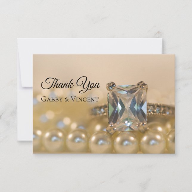 Princess Diamond Pearl Wedding Flat Thank You Note Invitation (Front)
