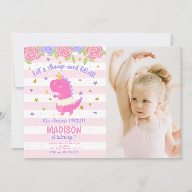 Princess Dinosaur Birthday Photo Invitation (Devant)