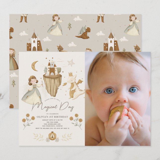 Princess Dragon Boho Fairytale 1st Birthday Photo Invitation (Front/Back)