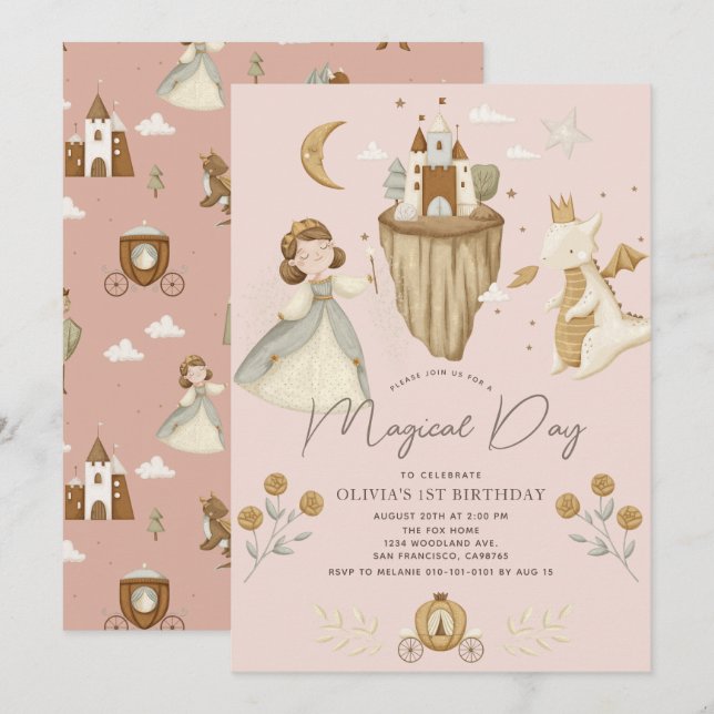 Princess & Dragon Boho Fairytale Pink 1st Birthday Invitation (Front/Back)