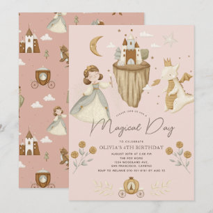 Princess & Dragon Boho Fairytale Pink Birthday Invitation