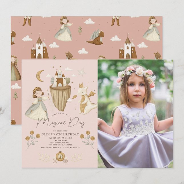 Princess Dragon Boho Fairytale Pink Birthday Photo Invitation (Front/Back)