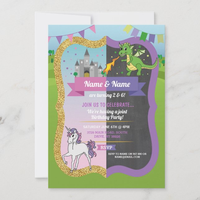 Princess Dragon Castle Unicorn Joint Boy Girl Invitation (Front)