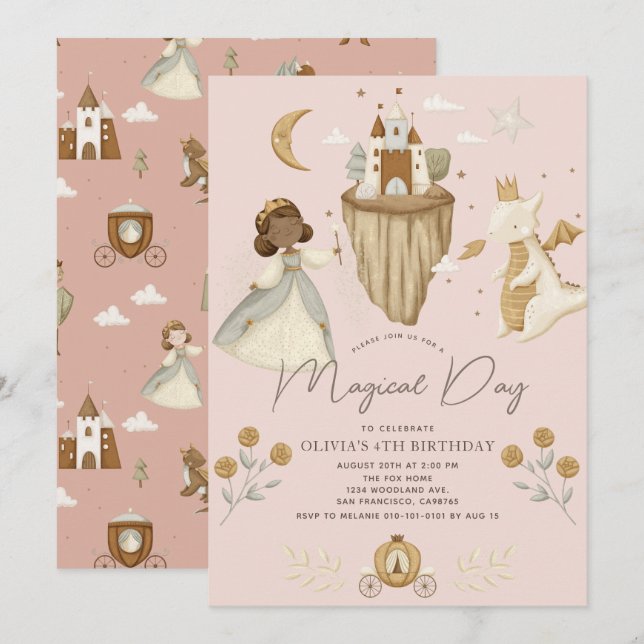 Princess Dragon Fairytale Dark Skin Pink Birthday Invitation (Front/Back)