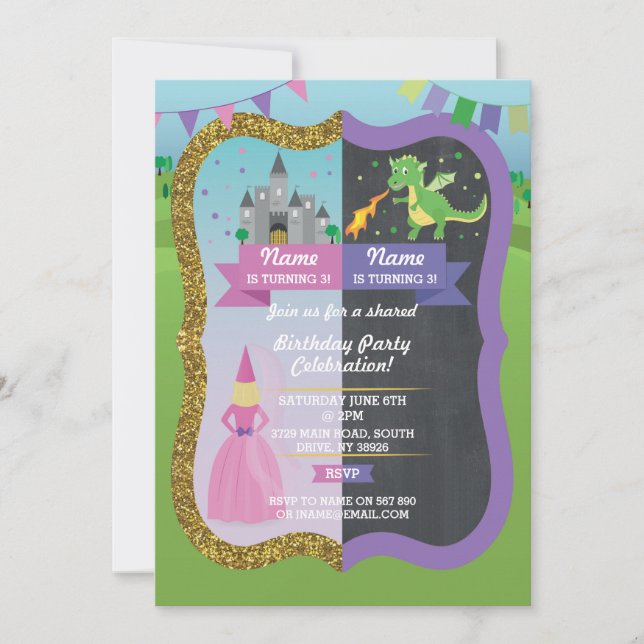 Princess & Dragon Joint Boy Girl Birthday Invites (Front)