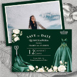 Princess Dress and White Roses Emerald Green Photo Save The Date<br><div class="desc">Elegant emerald green quinceanera Save the Date invitation with custom photo, green princess dress and white roses. The design is complete with high heel shoes, tiara and sceptre and has a colour palette of emerald green, dark forest green, silver and creamy white. Chic and feminine mis quince save the date...</div>