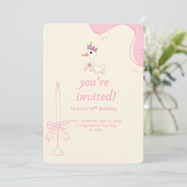 Princess Duck Cute Pink Birthday Party Invite  (Standing Front)