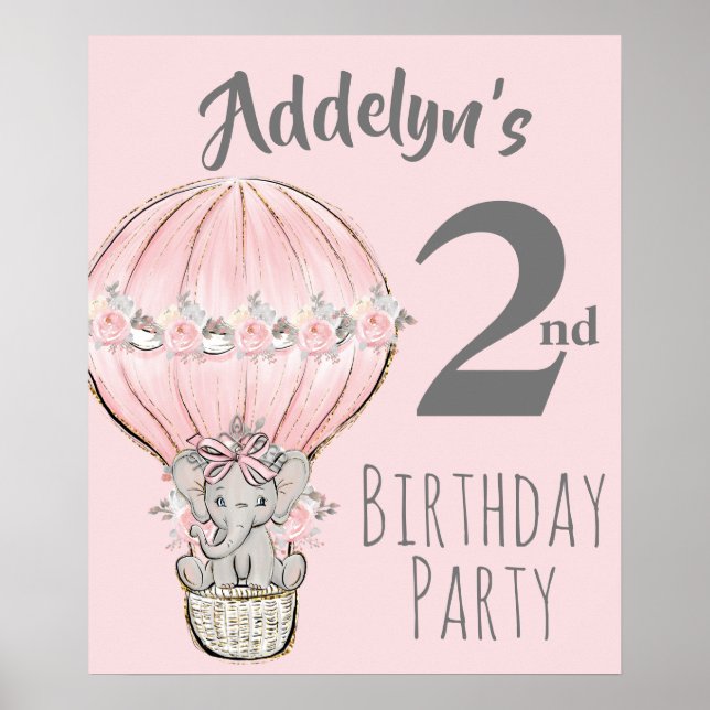 Princess Elephant Balloon Pink Grey 2nd Birthday Poster (Front)