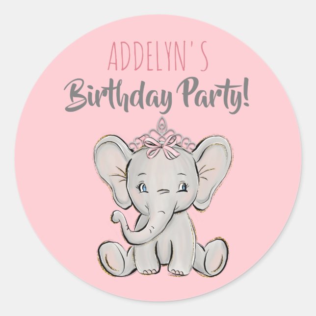 Princess Elephant Tiara Pink Child's Birthday Classic Round Sticker (Front)