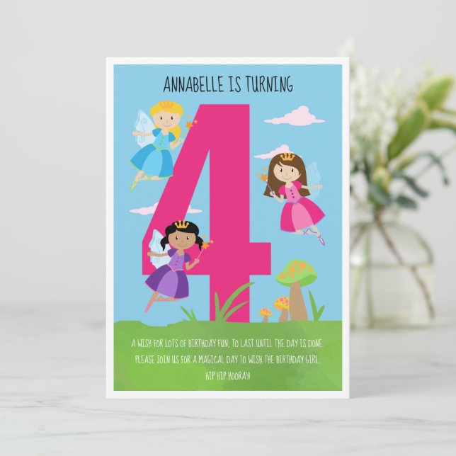 Princess Fairy Girl's 4th Birthday Party Invitation (Standing Front)