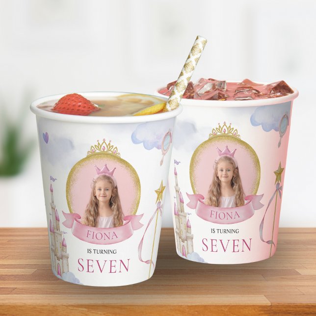 Princess Fairytale Cute Pink Girl's Photo Birthday Paper Cups (Princess Themed Custom Birthday Cups with Photo Glitter Pink & Gold )