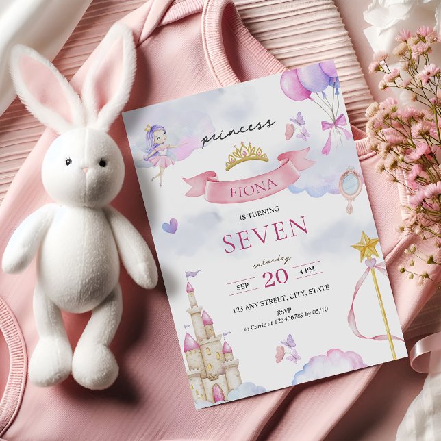 Princess Fairytale Pink Gold Cute Girl's Birthday Invitation (Princess Themed Birthday Invitation Any Age Pink Purple Gold Glitter Watercolor Cute Aesthetic)