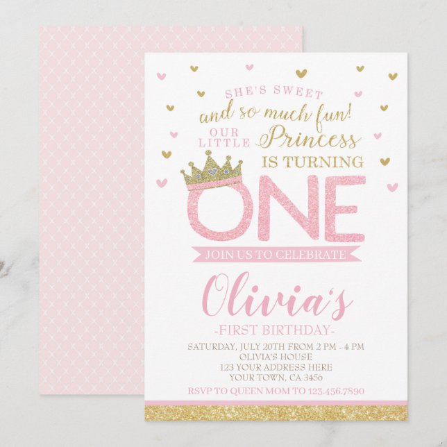 Princess First Birthday Invitation (Front/Back)