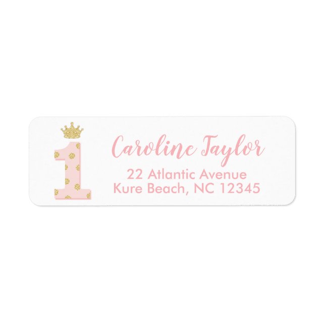 Princess First Birthday Pink Gold Glitter Address (Front)