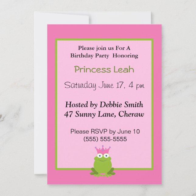 Princess Frog Birthday Invitation. Invitation (Front)