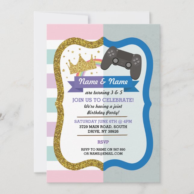 Princess & Gaming Joint Boy Girl Birthday Invites (Front)