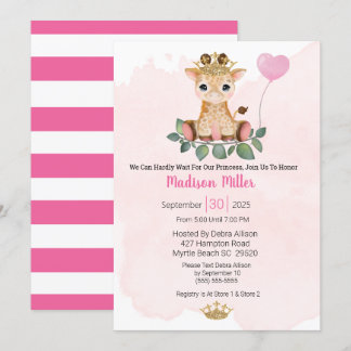  Princess Giraffe Pink Baby Shower  Invitation