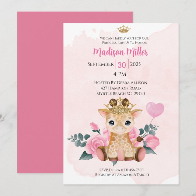  Princess Giraffe Pink Floral Baby Shower  Invitat Invitation (Front/Back)
