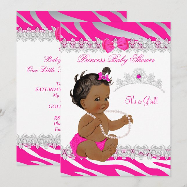 Princess Girl Baby Shower Hot Pink Zebra Ethnic Invitation (Front/Back)