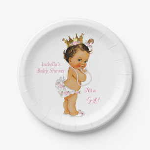Princess Girl Baby Shower Pink Gold Crown Brunette Paper Plate